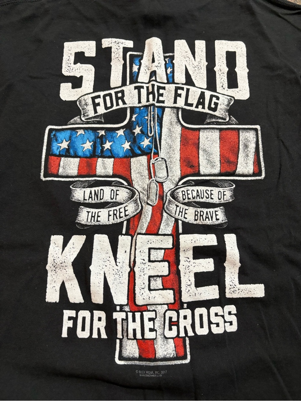 Patriotic Black Short-Sleeve Tee with Red, White & Blue Cross Graphic